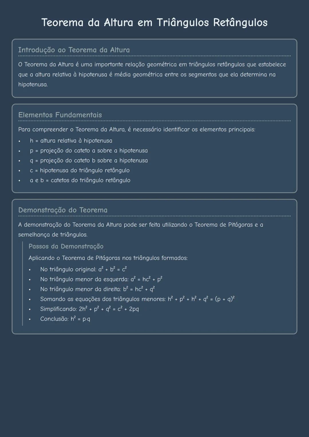 # Teorema da Altura em Triângulos Retângulos

## Introdução ao Teorema da Altura
O Teorema da Altura é uma importante relação geométrica em 