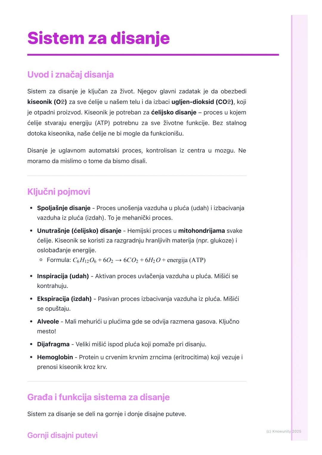 # Sistem za disanje

## Uvod i značaj disanja

Sistem za disanje je ključan za život. Njegov glavni zadatak je da obezbedi
kiseonik (02) za 