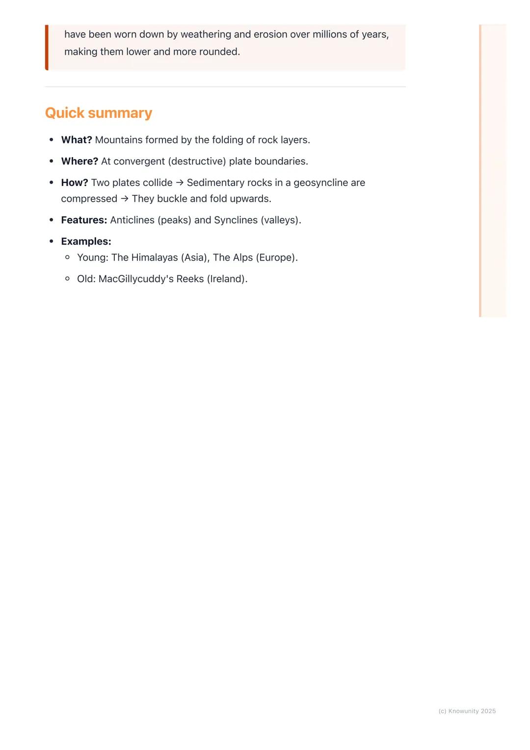 # Fold Mountains

What are fold mountains?

Fold mountains are the most common type of mountain on Earth. They are
created when two of the E