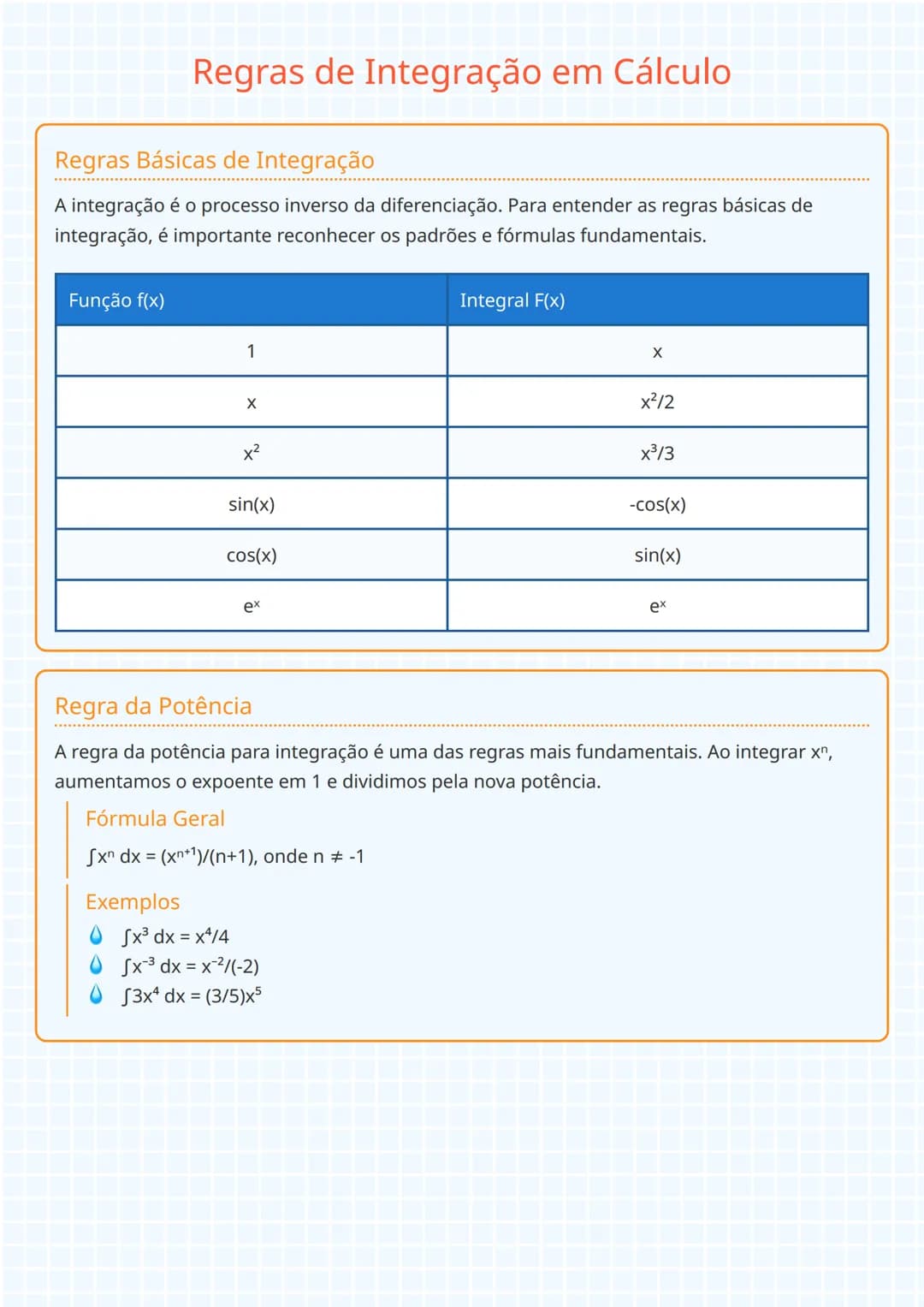 # Regras de Integração em Cálculo

## Regras Básicas de Integração
A integração é o processo inverso da diferenciação. Para entender as regr