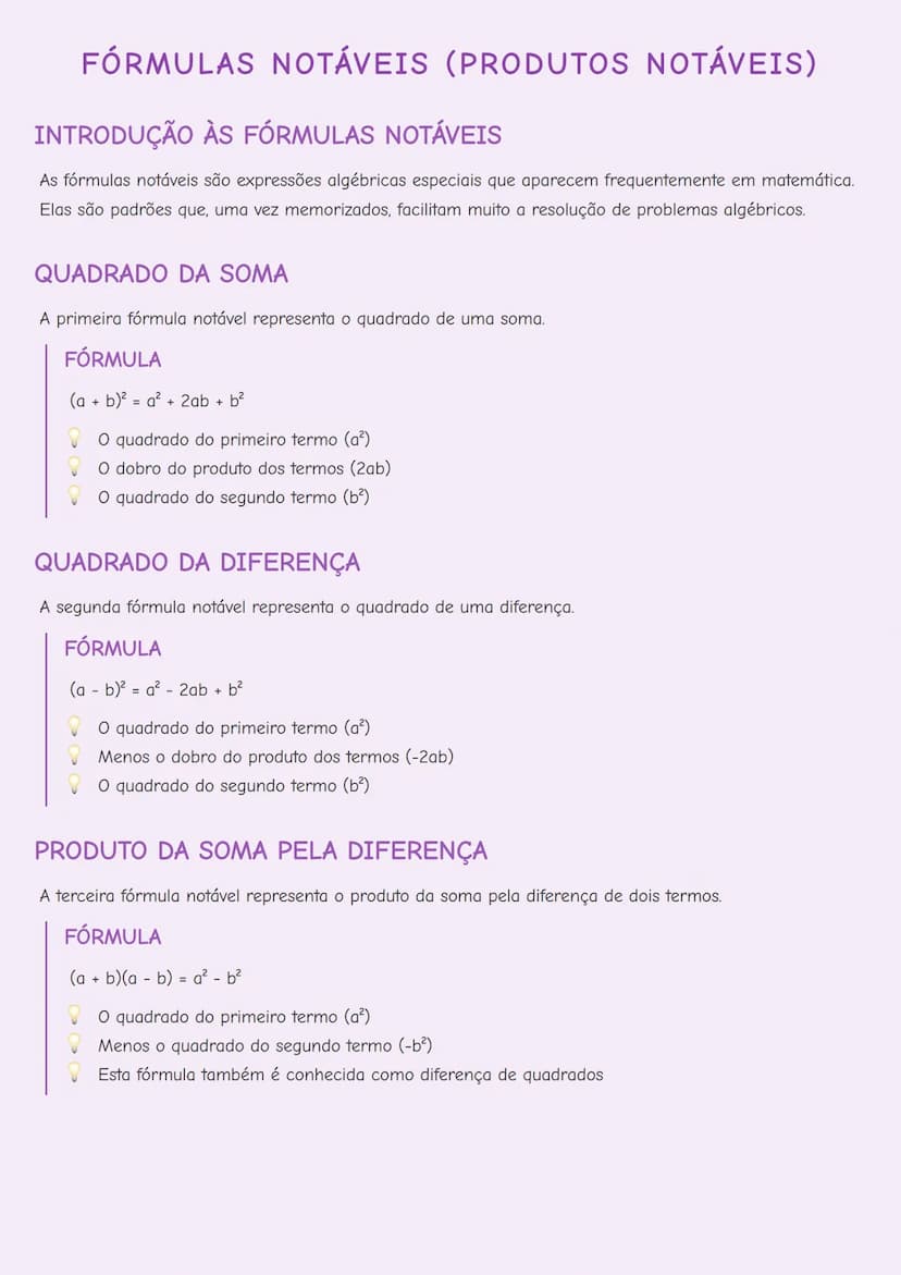 # FÓRMULAS NOTÁVEIS (PRODUTOS NOTÁVEIS)

# INTRODUÇÃO ÀS FÓRMULAS NOTÁVEIS
As fórmulas notáveis são expressões algébricas especiais que apar