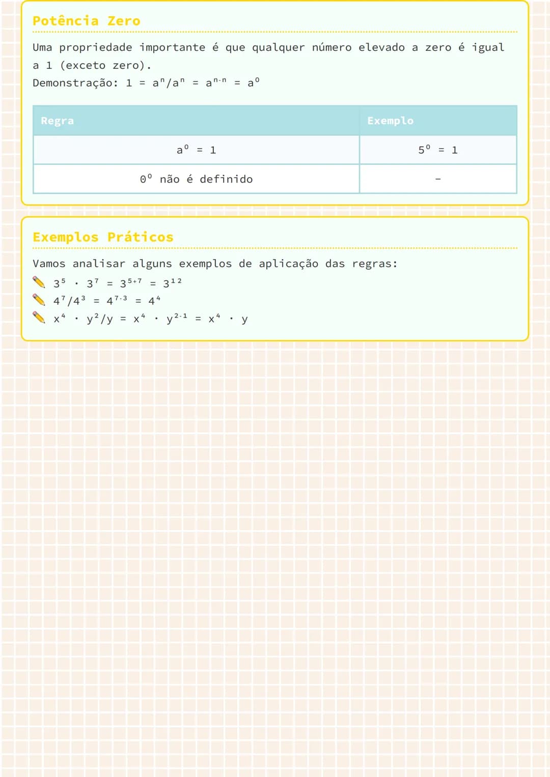 # Potências com Mesma Base

## Regras Fundamentais

Na matemática, existem regras específicas para operar com potências que
possuem a mesma 