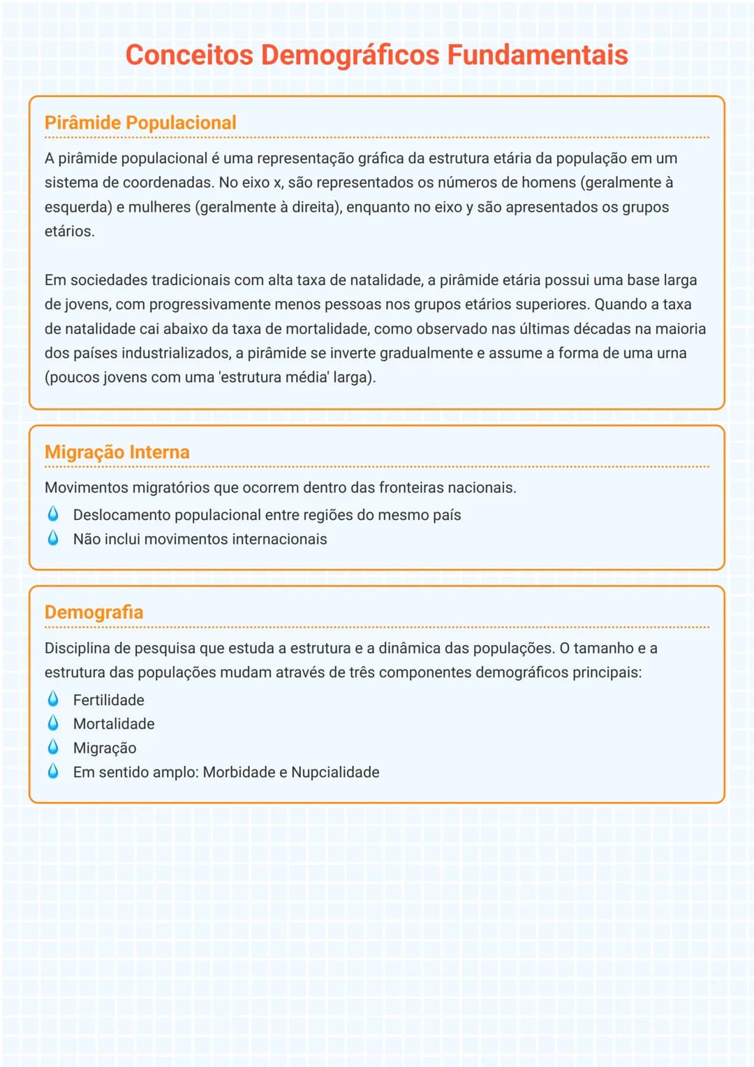 # Conceitos Demográficos Fundamentais

## Pirâmide Populacional
A pirâmide populacional é uma representação gráfica da estrutura etária da p