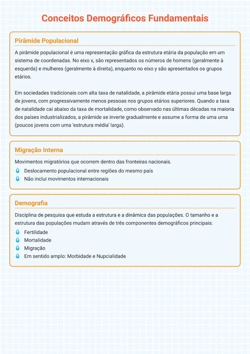 # Conceitos Demográficos Fundamentais

## Pirâmide Populacional
A pirâmide populacional é uma representação gráfica da estrutura etária da p