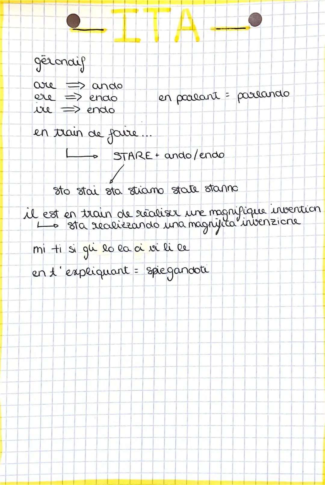 geronais
are $\Rightarrow$ ando
ere $\Rightarrow$ endo
ire $\Rightarrow$ endo

en train de foure

en parlant = parlando

STARE + ando/endo

