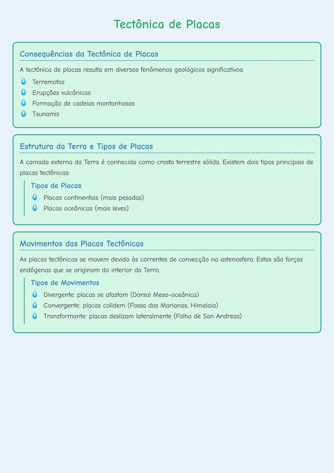 # Tectônica de Placas

## Consequências da Tectônica de Placas
A tectônica de placas resulta em diversos fenômenos geológicos significativos