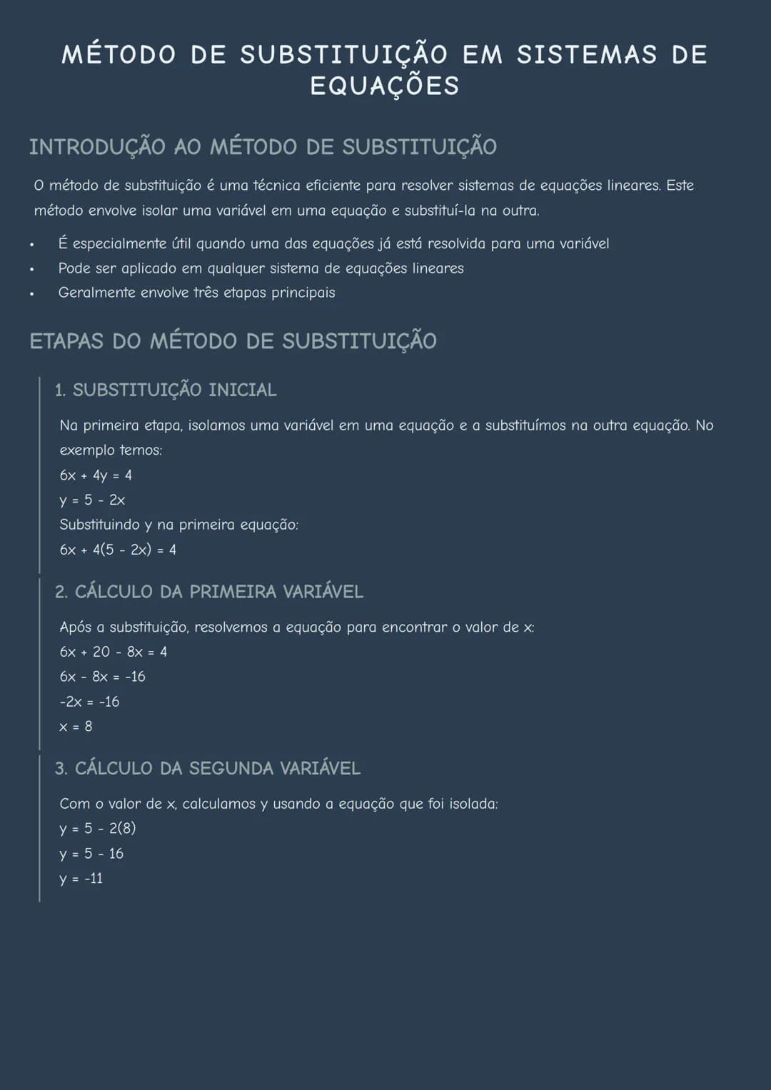 --- OCR Start ---
MÉTODO DE SUBSTITUIÇÃO EM SISTEMAS DE
EQUAÇÕES
INTRODUÇÃO AO MÉTODO DE SUBSTITUIÇÃO
O método de substituição é uma técnica