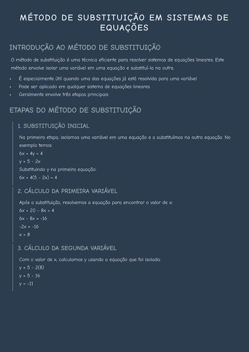 --- OCR Start ---
MÉTODO DE SUBSTITUIÇÃO EM SISTEMAS DE
EQUAÇÕES
INTRODUÇÃO AO MÉTODO DE SUBSTITUIÇÃO
O método de substituição é uma técnica