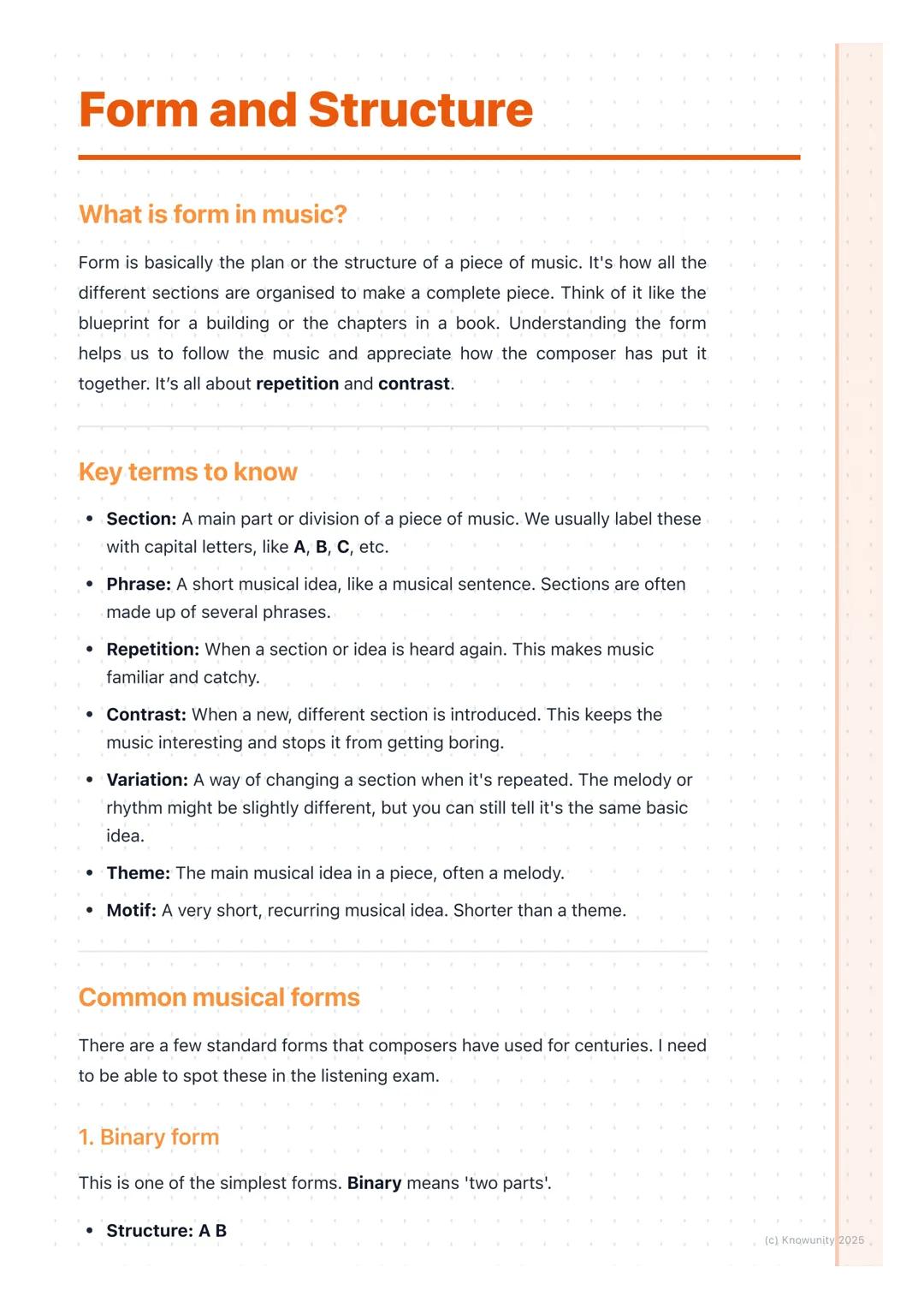 # Form and Structure

What is form in music?

Form is basically the plan or the structure of a piece of music. It's how all the
different se