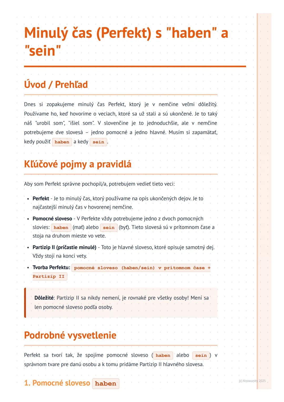 # Minulý čas (Perfekt) s "haben" a
"sein"

Úvod / Prehľad

Dnes si zopakujeme minulý čas Perfekt, ktorý je v nemčine veľmi dôležitý.
Používa