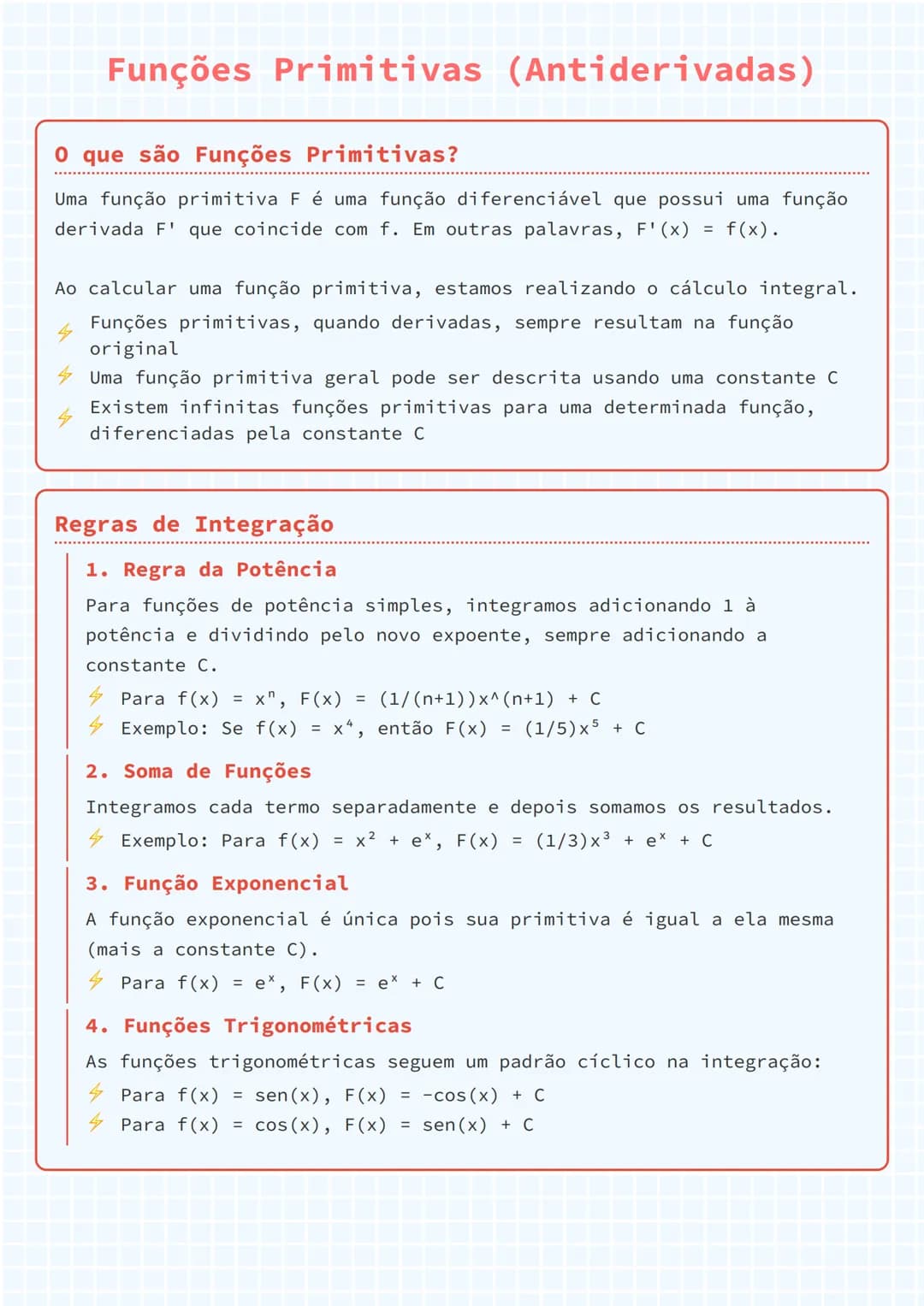 # Funções Primitivas (Antiderivadas)

O que são Funções Primitivas?
Uma função primitiva F é uma função diferenciável que possui uma função
