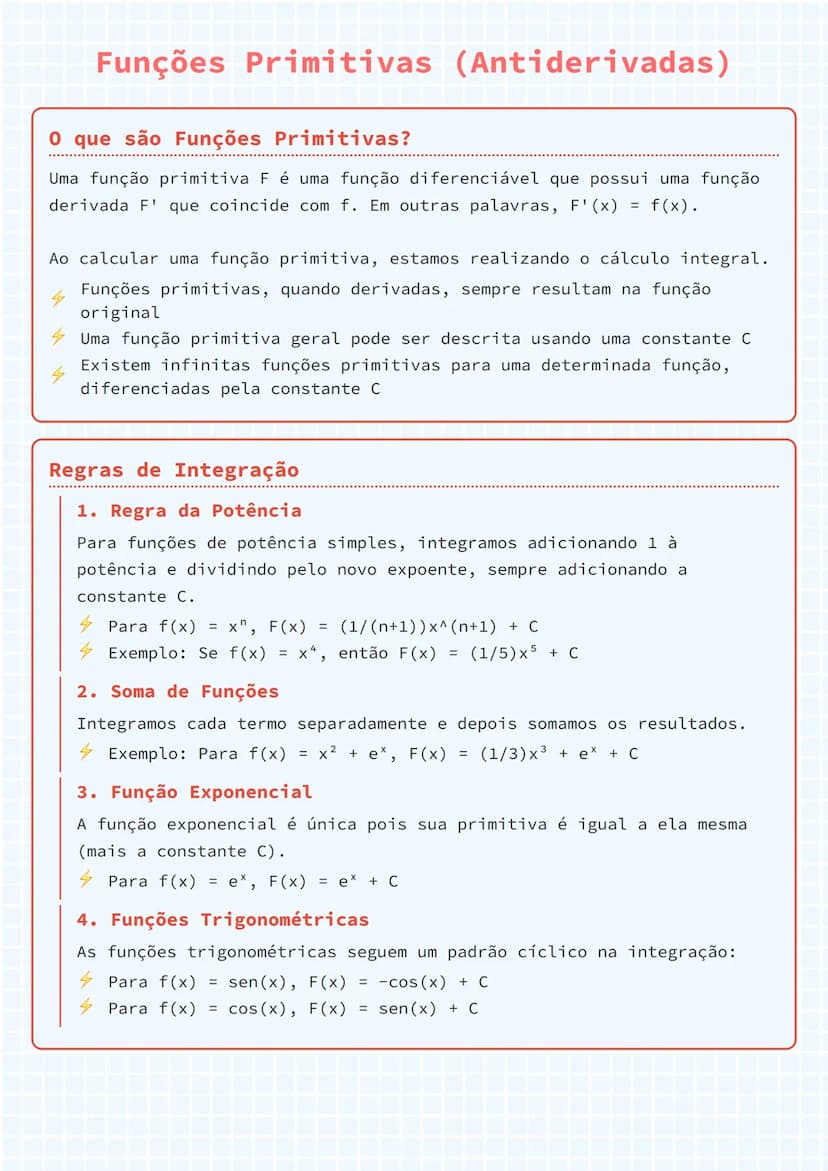 # Funções Primitivas (Antiderivadas)

O que são Funções Primitivas?
Uma função primitiva F é uma função diferenciável que possui uma função

