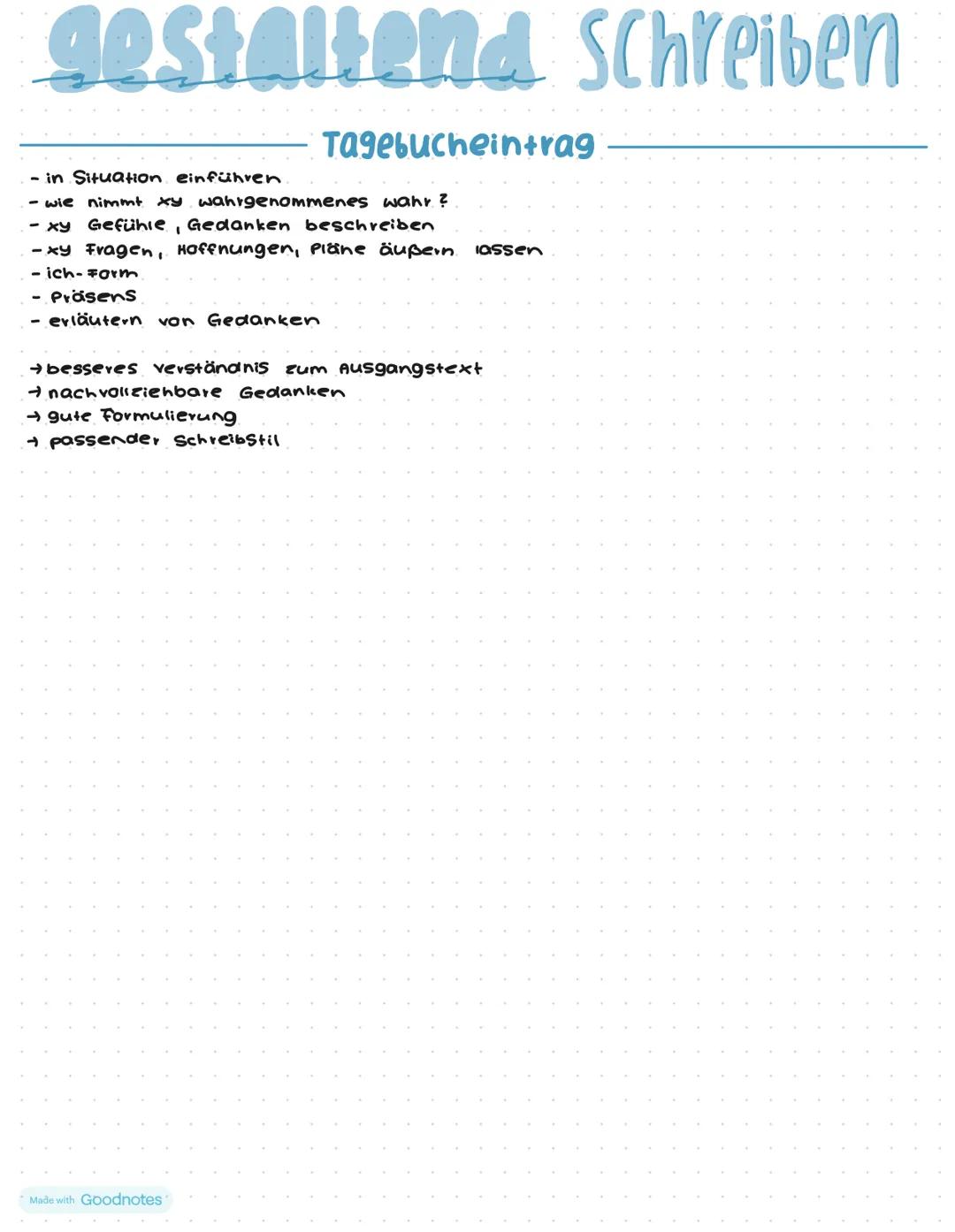 # gestaltend Schreiben
## innerer Monolog
- beschreibt Gedanken, Gefühle einer Person
→Gedankengespräch
- Fragen, wünsche äußern
- vorwü