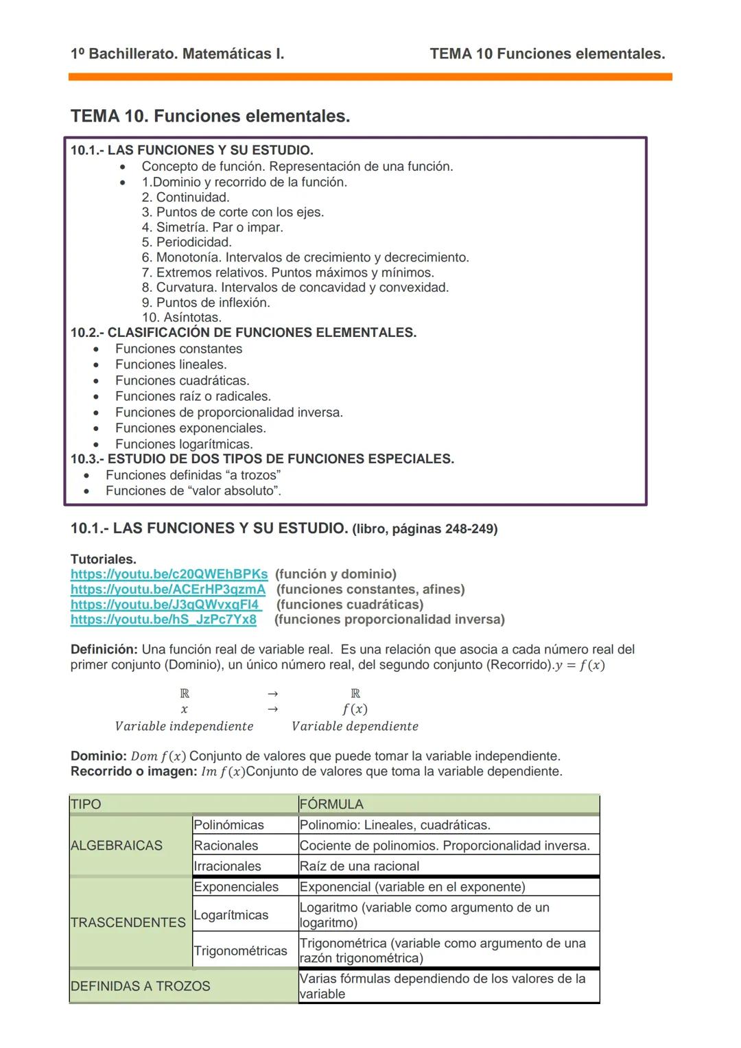1º Bachillerato. Matemáticas I.
TEMA 10 Funciones elementales.
TEMA 10. Funciones elementales.
10.1.- LAS FUNCIONES Y SU ESTUDIO.
• Concepto