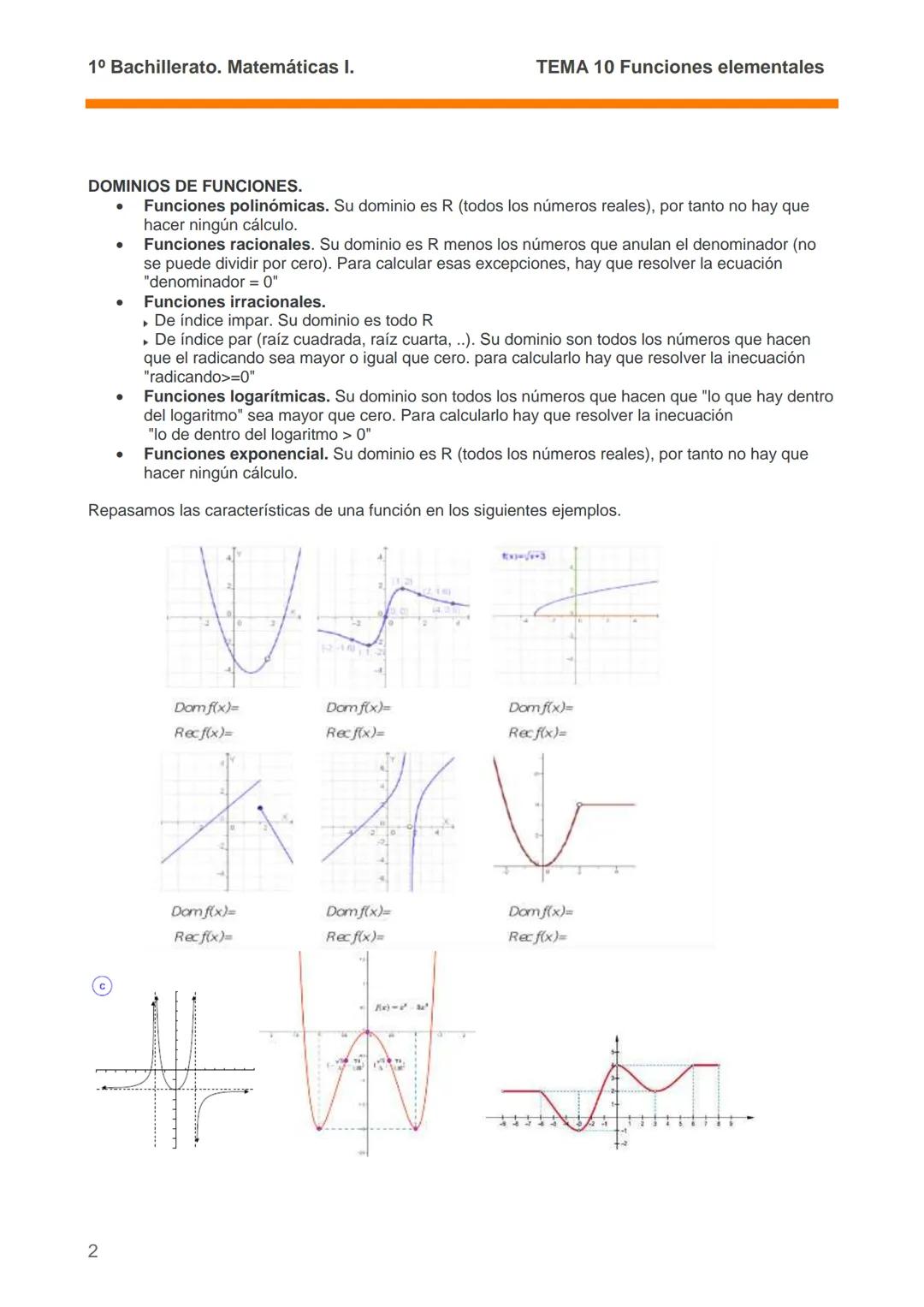 1º Bachillerato. Matemáticas I.
TEMA 10 Funciones elementales.
TEMA 10. Funciones elementales.
10.1.- LAS FUNCIONES Y SU ESTUDIO.
• Concepto