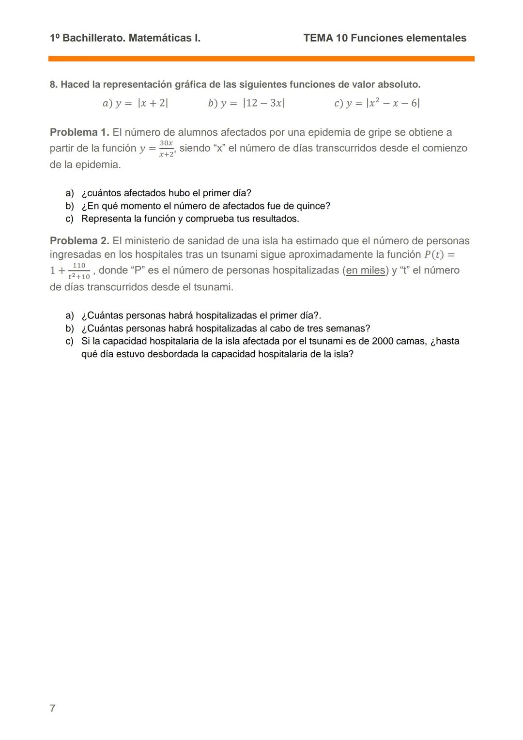 1º Bachillerato. Matemáticas I.
TEMA 10 Funciones elementales.
TEMA 10. Funciones elementales.
10.1.- LAS FUNCIONES Y SU ESTUDIO.
• Concepto