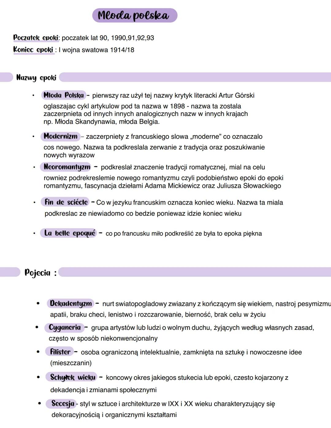 Mloda polska
Poczatek epoki: poczatek lat 90, 1990, 91,92,93
Koniec epoki: I wojna swatowa 1914/18
Nazwy epoki
•
Mloda Polska - pierwszy raz