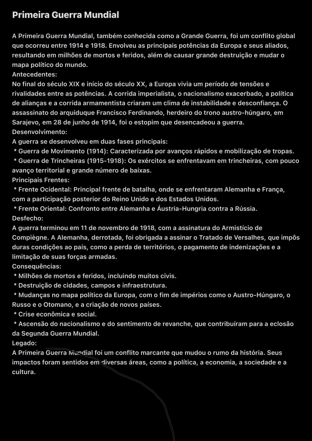 # Primeira Guerra Mundial
A Primeira Guerra Mundial, também conhecida como a Grande Guerra, foi um conflito global
que ocorreu entre 1914 e