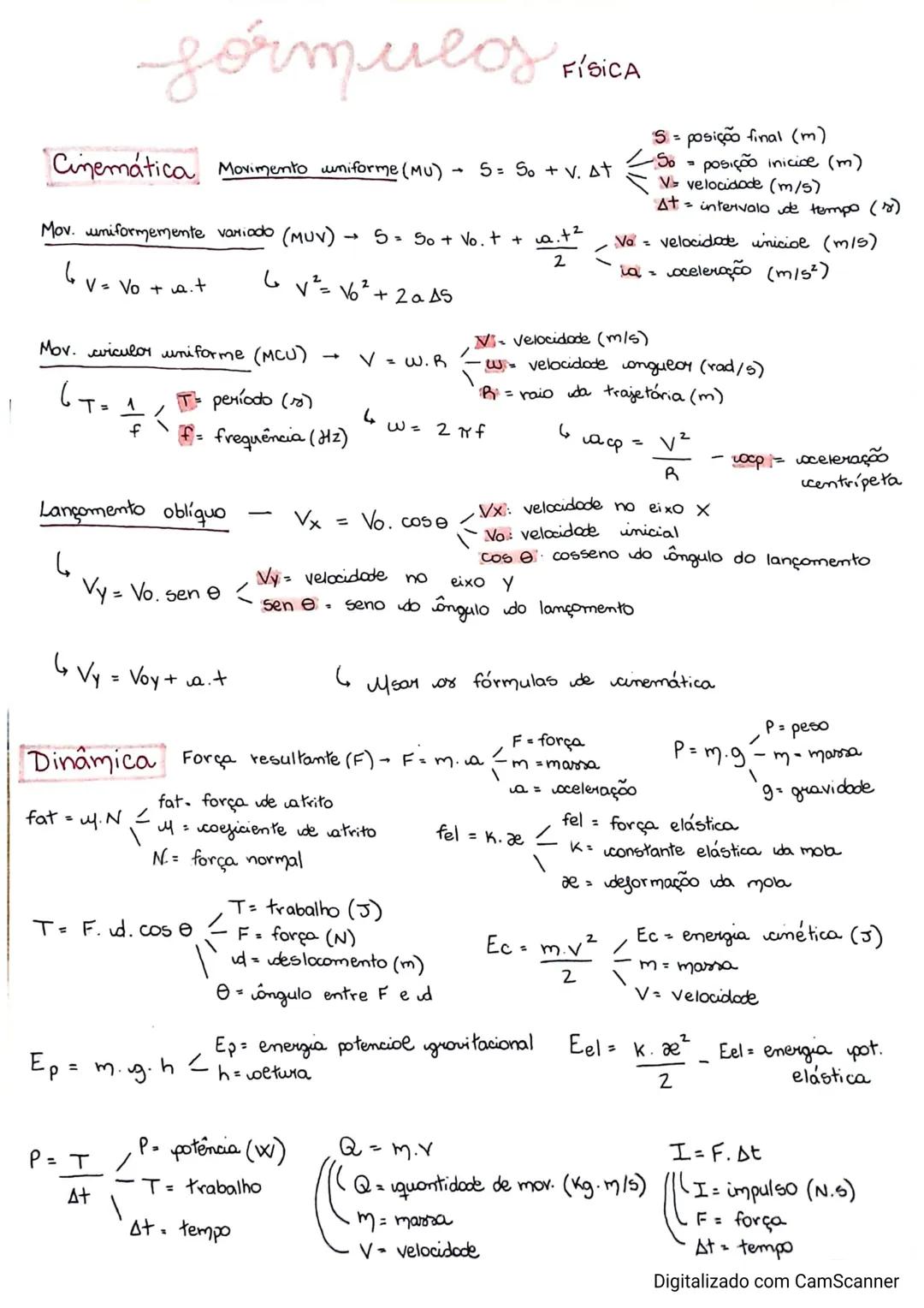 # formulas FISICA
Cinemática Movimento uniforme (MU)
$S$ = posição final (m)
$S= S_0 + V. \Delta t$ $S_0$ = posição inicice (m)
$V$e vel
