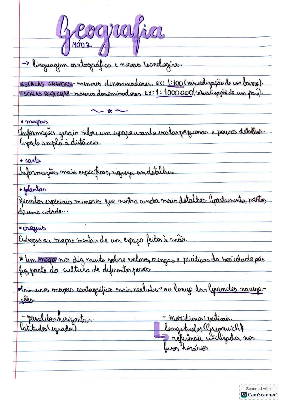 # Geografia
-> linguagem cartográfica e novas tecnologias.
ESCALAS GRANDES menores denominadores. Ex: 1:100 (visualização de um!
ESCALAS