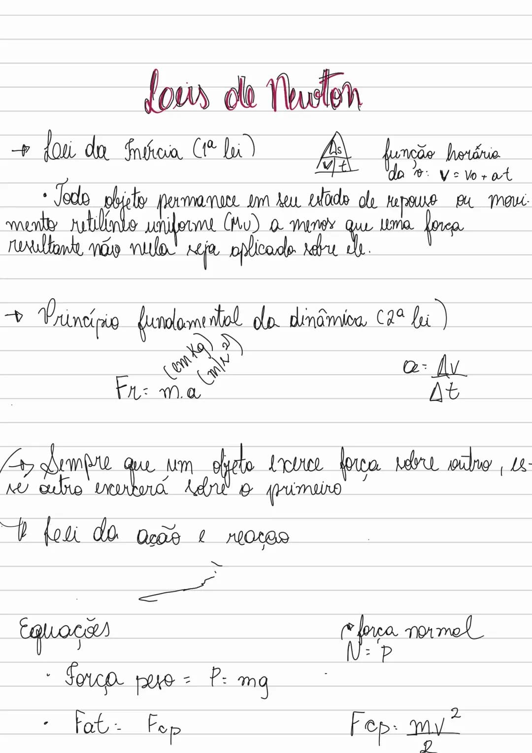 Lous de Newton
- Loei da Inércia Cia lei)
$
\frac{As}{At}
$
função horárie
da $v$: $v=v_0+at$
• Todo objeto permanece em seu estado de r