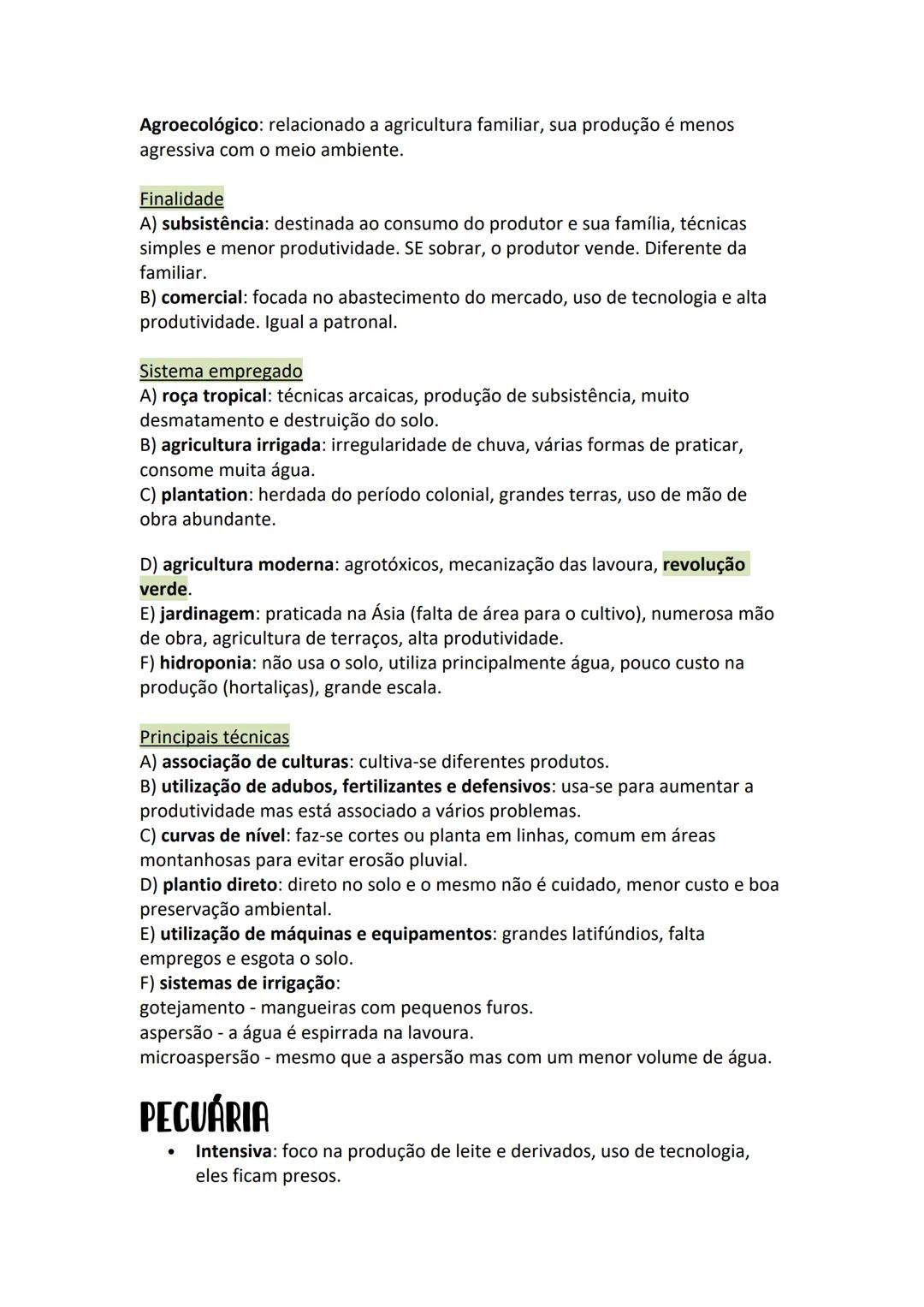 # ESPAÇOS AGRÁRIOS
# AGRICULTURA
- Intensiva: pouca mão de obra, alta mecanização e produtividade,
agrotóxicos e agroindústria (patronal).