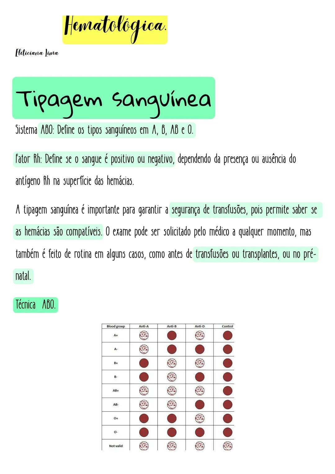 Eleticiana Lima
# Hematológica.
# Tipagem sanguínea
Sistema ABO: Define os tipos sanguíneos em A, B, АВ е О.
fator Rh: Define se o sangue
