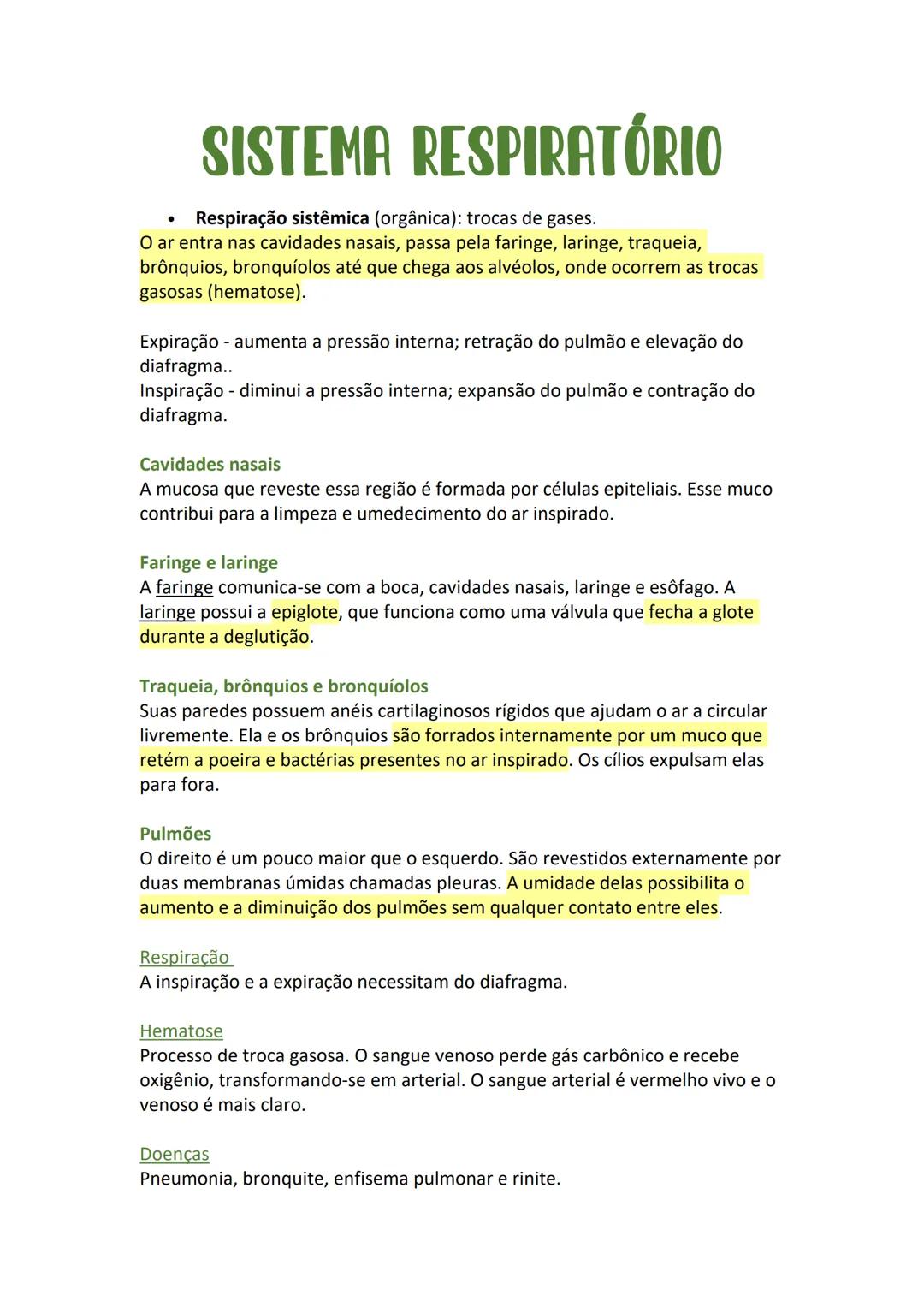 # SISTEMA RESPIRATÓRIO
* Respiração sistêmica (orgânica): trocas de gases.
O ar entra nas cavidades nasais, passa pela faringe, laringe,