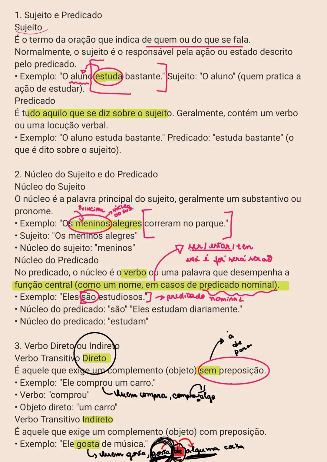 1. Sujeito e Predicado
Sujeito
É o termo da oração que indica de quem ou do que se fala.
Normalmente, o sujeito é o responsável pela ação ou