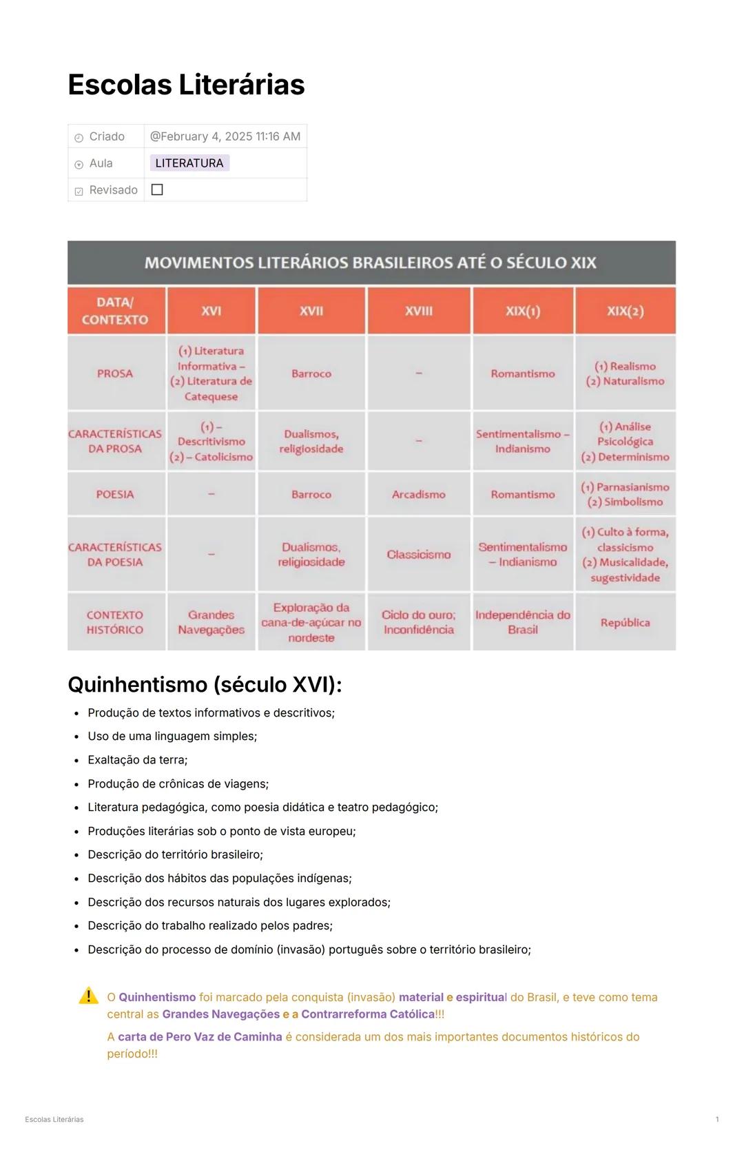 # Escolas Literárias
* Criado @February 4, 2025 11:16 AM
* Aula LITERATURA
* Revisado
## MOVIMENTOS LITERÁRIOS BRASILEIROS ATÉ O SÉCULO XI
