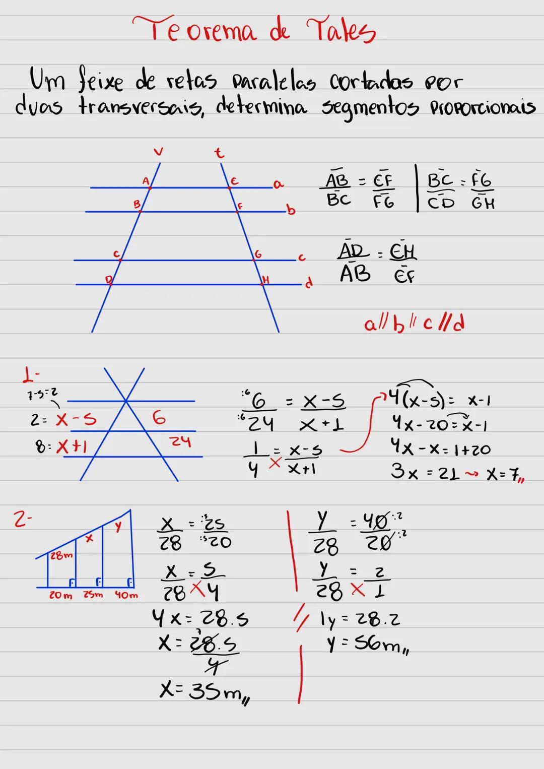 Teorema de Tales
Um feixe de retas paralelas cortadas por
duas transversais, determina segmentos proporcionais
1-
7-5:2
2-
V
t
A
E
a
AB =