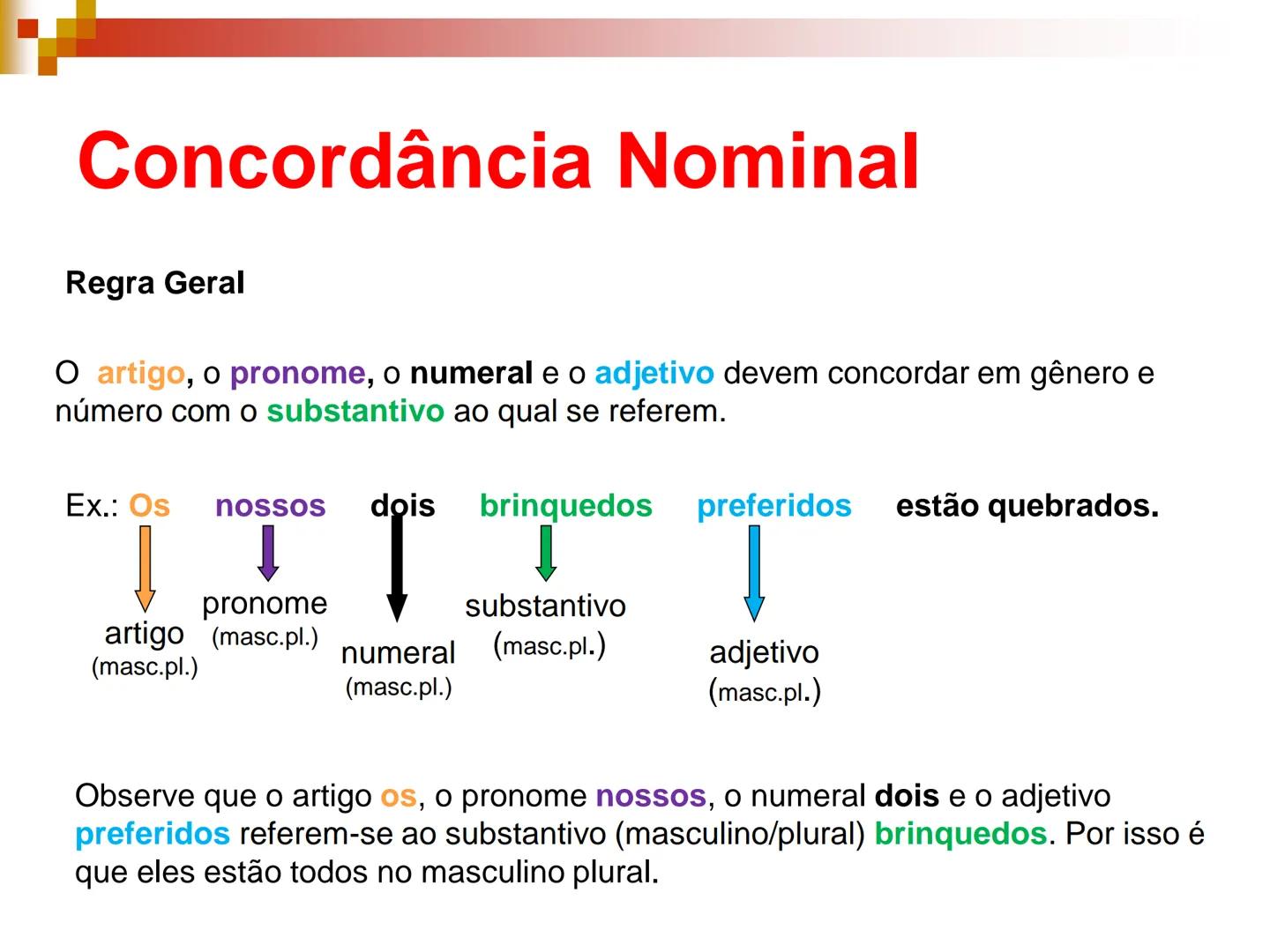 Concordância
Nominal # Concordância Nominal
Regra Geral
O artigo, o pronome, o numeral e o adjetivo devem concordar em gênero e
número com