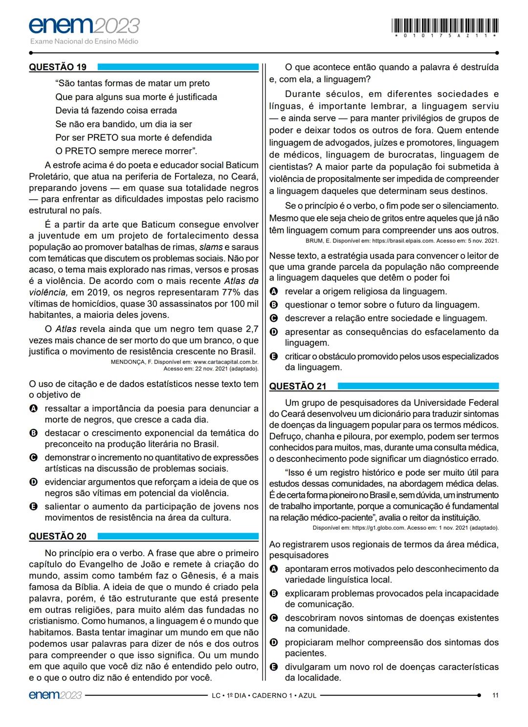 # 1° DIA
EXAME NACIONAL DO ENSINO MÉDIO
PROVA DE LINGUAGENS, CÓDIGOS E SUAS TECNOLOGIAS E REDAÇÃO
PROVA DE CIÊNCIAS HUMANAS E SUAS TECNOLO
