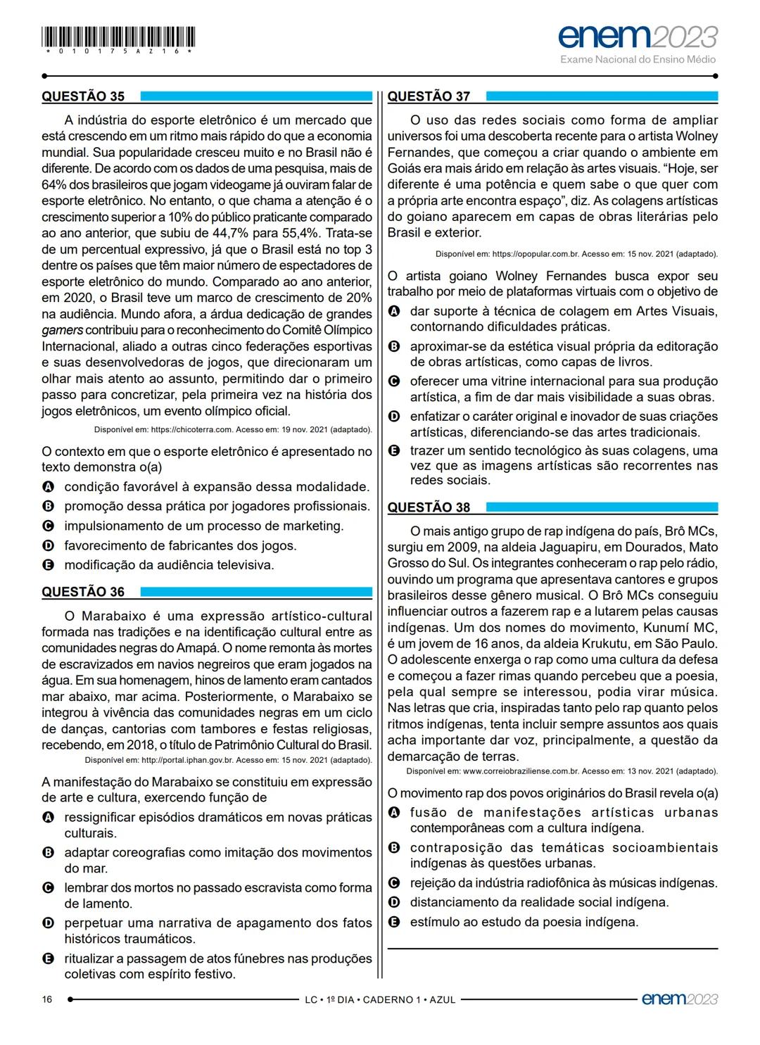 # 1° DIA
EXAME NACIONAL DO ENSINO MÉDIO
PROVA DE LINGUAGENS, CÓDIGOS E SUAS TECNOLOGIAS E REDAÇÃO
PROVA DE CIÊNCIAS HUMANAS E SUAS TECNOLO