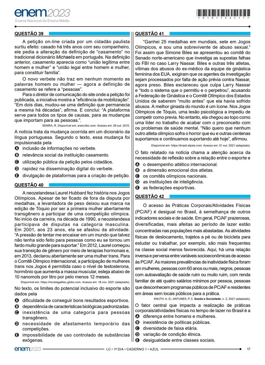 # 1° DIA
EXAME NACIONAL DO ENSINO MÉDIO
PROVA DE LINGUAGENS, CÓDIGOS E SUAS TECNOLOGIAS E REDAÇÃO
PROVA DE CIÊNCIAS HUMANAS E SUAS TECNOLO