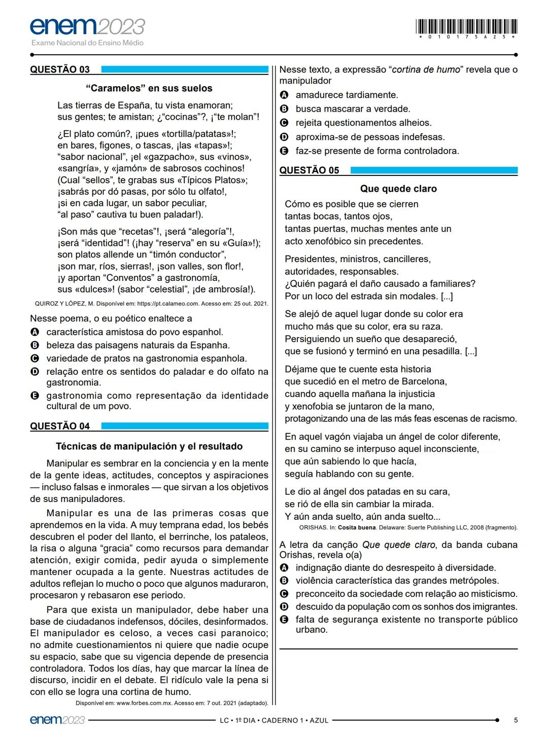 # 1° DIA
EXAME NACIONAL DO ENSINO MÉDIO
PROVA DE LINGUAGENS, CÓDIGOS E SUAS TECNOLOGIAS E REDAÇÃO
PROVA DE CIÊNCIAS HUMANAS E SUAS TECNOLO