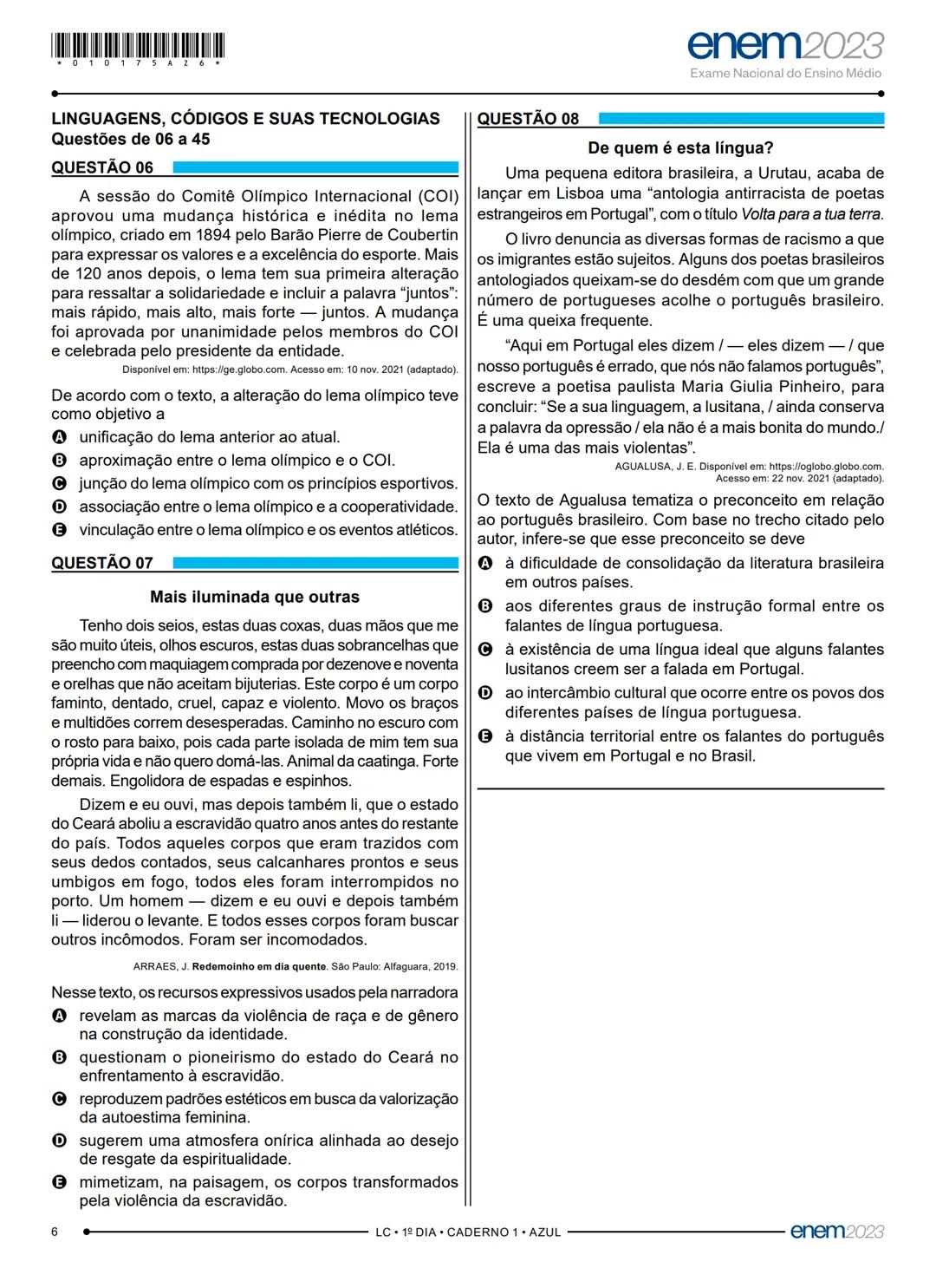 # 1° DIA
EXAME NACIONAL DO ENSINO MÉDIO
PROVA DE LINGUAGENS, CÓDIGOS E SUAS TECNOLOGIAS E REDAÇÃO
PROVA DE CIÊNCIAS HUMANAS E SUAS TECNOLO