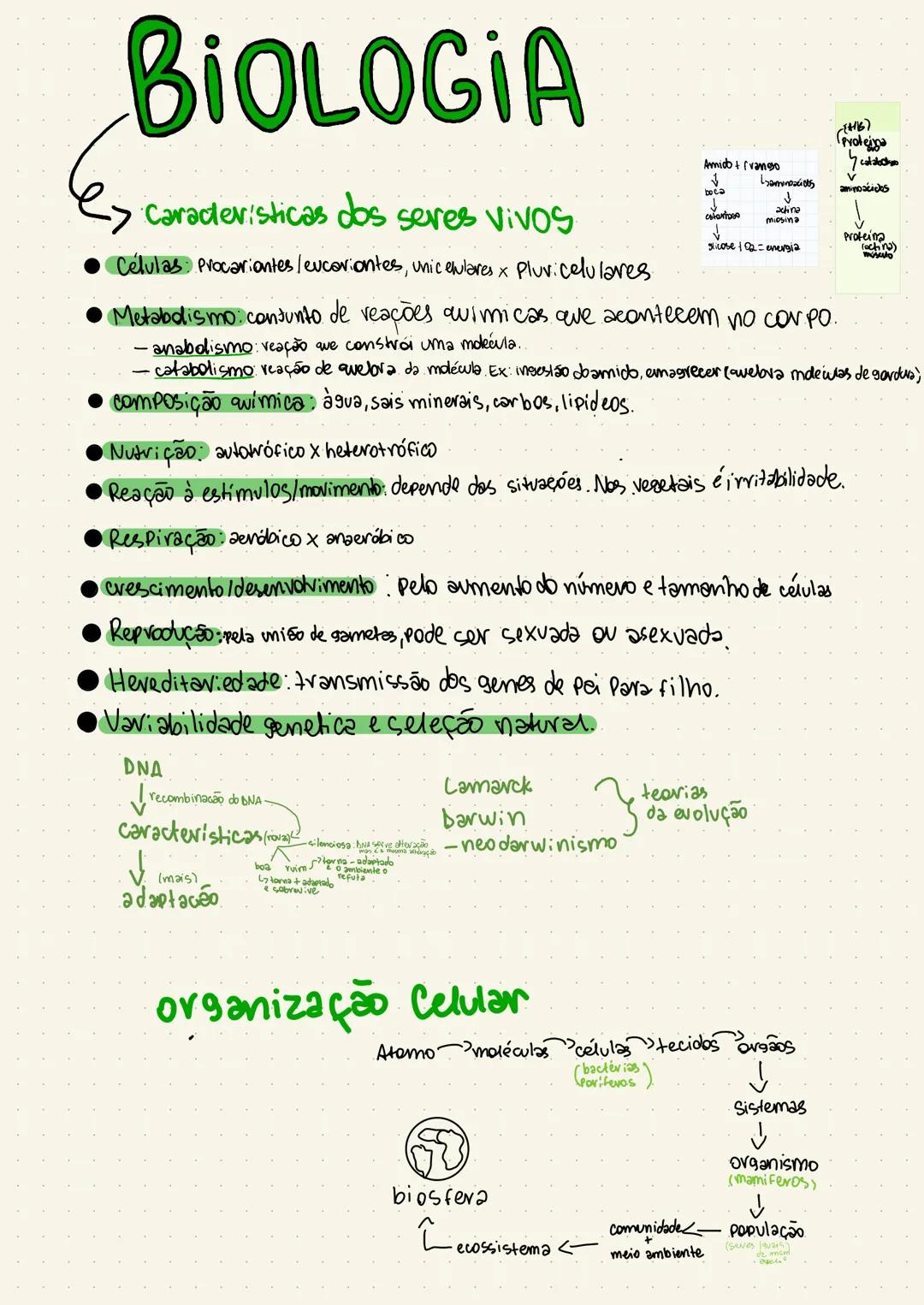 # BIOLOGIA
→ Características dos seres vivos
- Células: Procariontes/eucariotes, unicelulares x Pluricelulares.
- Metabolismo: conjunto de r