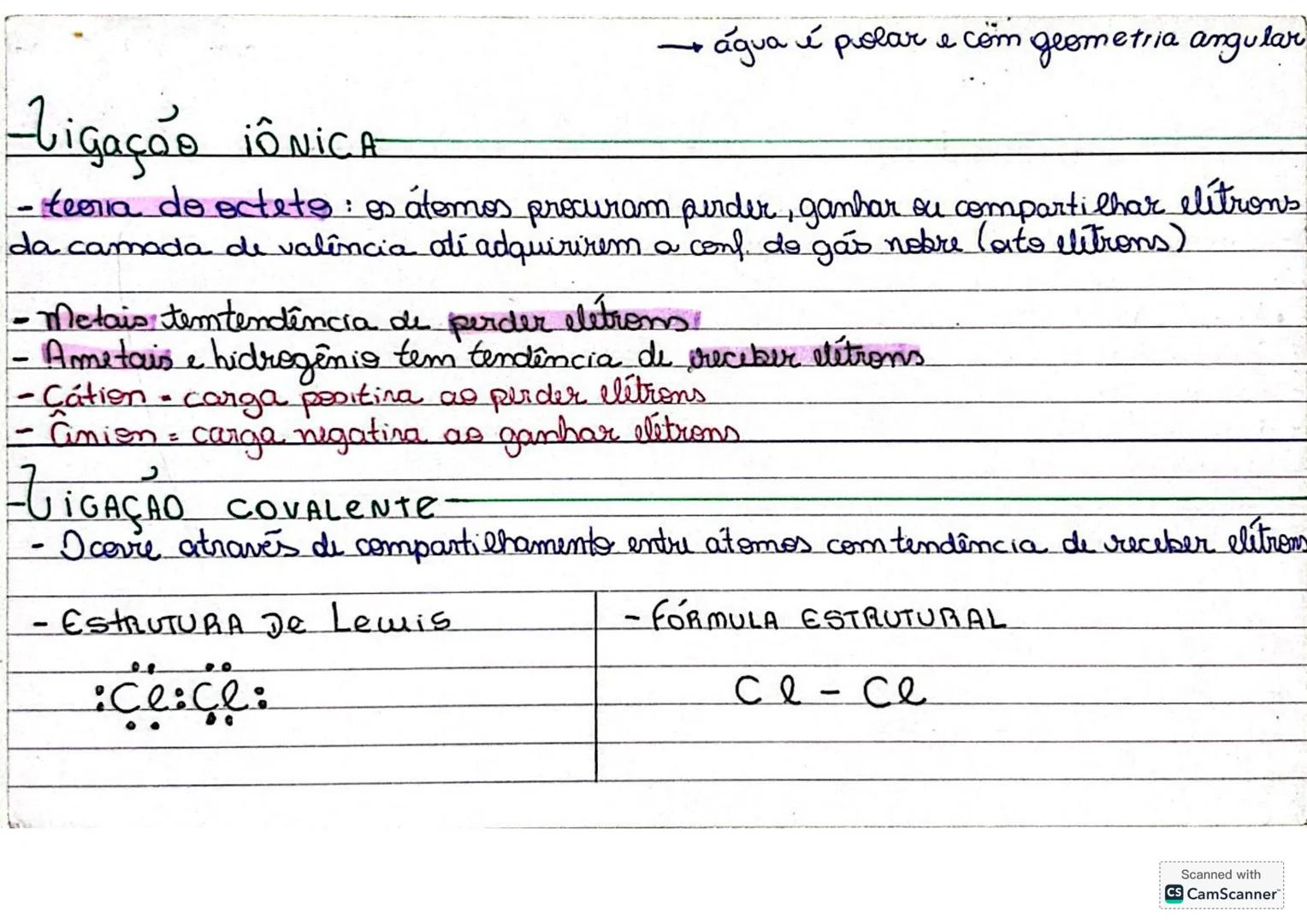 -Ligação ¡ÔNICA
→ água é polar e com geometria angular
- teoria do octets: os átomos procuram perder, ganhar su compartilhar elitrons
da c