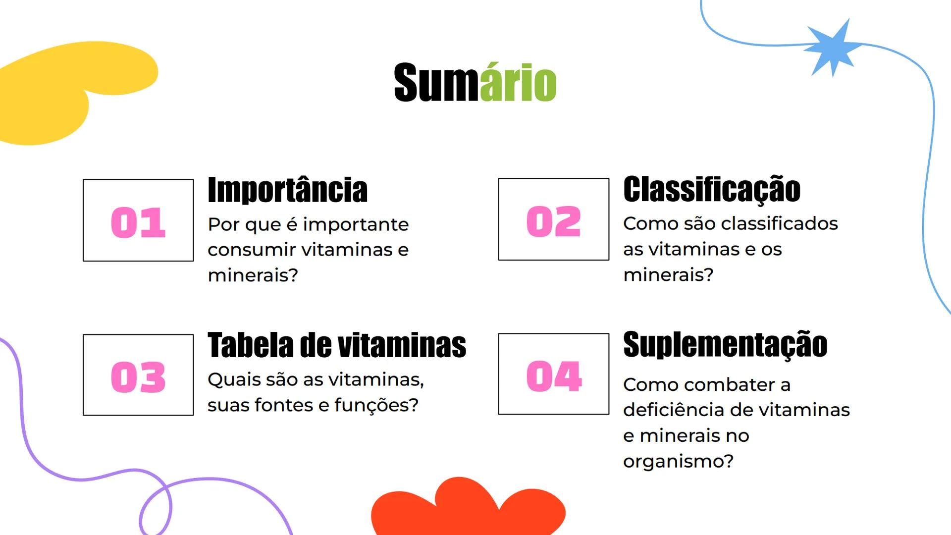 # Alimentação:
## Vitaminas e
## Minerais
Vitamin
# A # Sumário
01 Importância
Por que é importante
consumir vitaminas e
minerais?
02 Clas