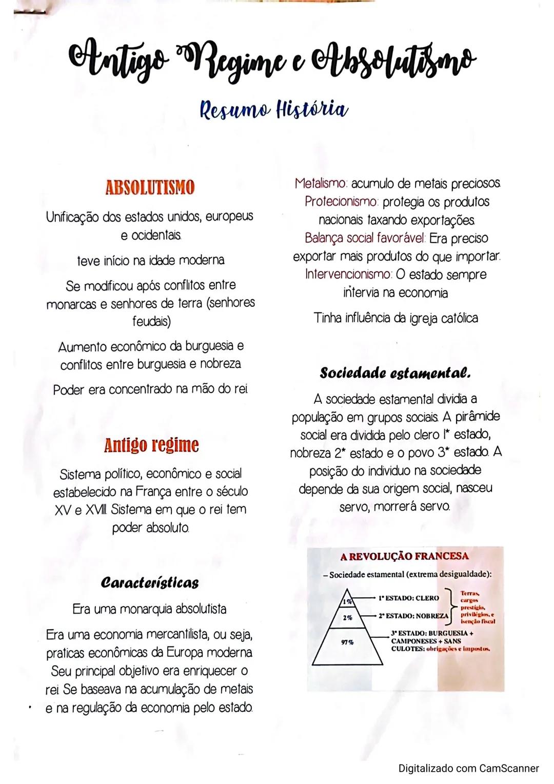 # Antigo Regime e Absolutismo
Resumo História
ABSOLUTISMO
Unificação dos estados unidos, europeus
e ocidentais
teve início na idade mode
