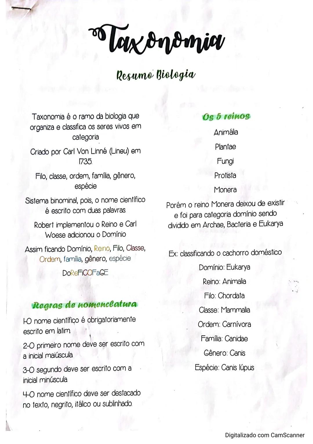 # Taxonomia
Resumo Biologia
Taxonomia é o ramo da biologia que
organiza e classifica os seres vivos em
categoria
Criado por Carl Von Linn