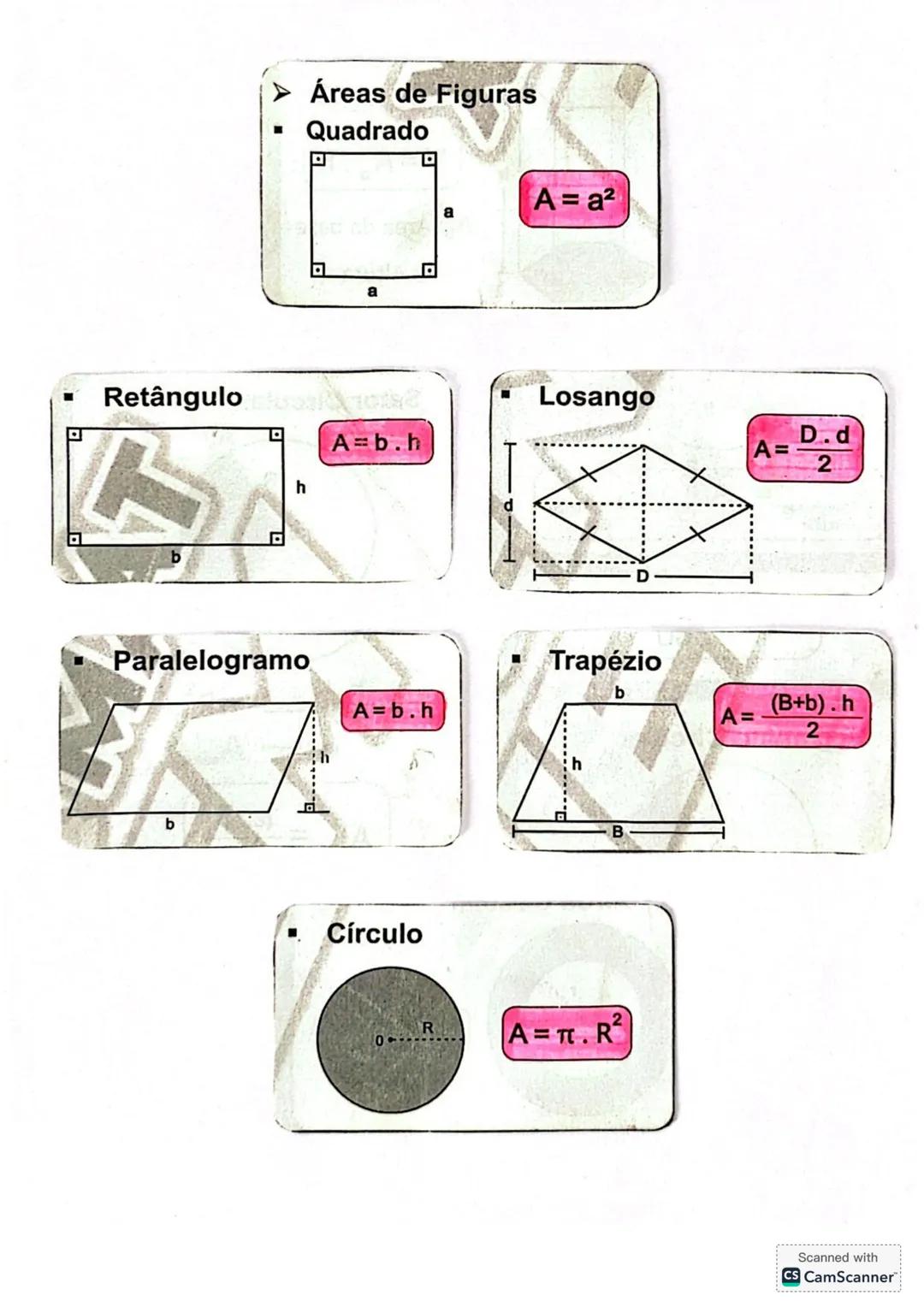 - Áreas de Figuras
- Quadrado
미
Π
a
Retânguloзитель
A=b.h
h
A = a²
a
d
Losango
D
Paralelogramo
Trapézio
b
A=b.h
A=
Círculo
