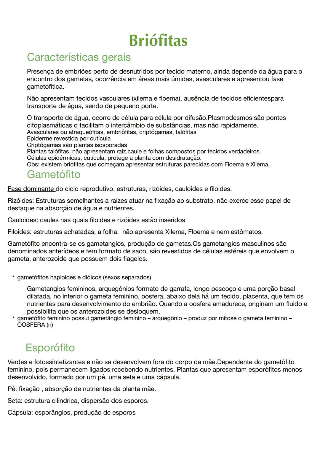 # Características gerais
Briófitas
Presença de embriões perto de desnutridos por tecido materno, ainda depende da água para o
encontro dos g