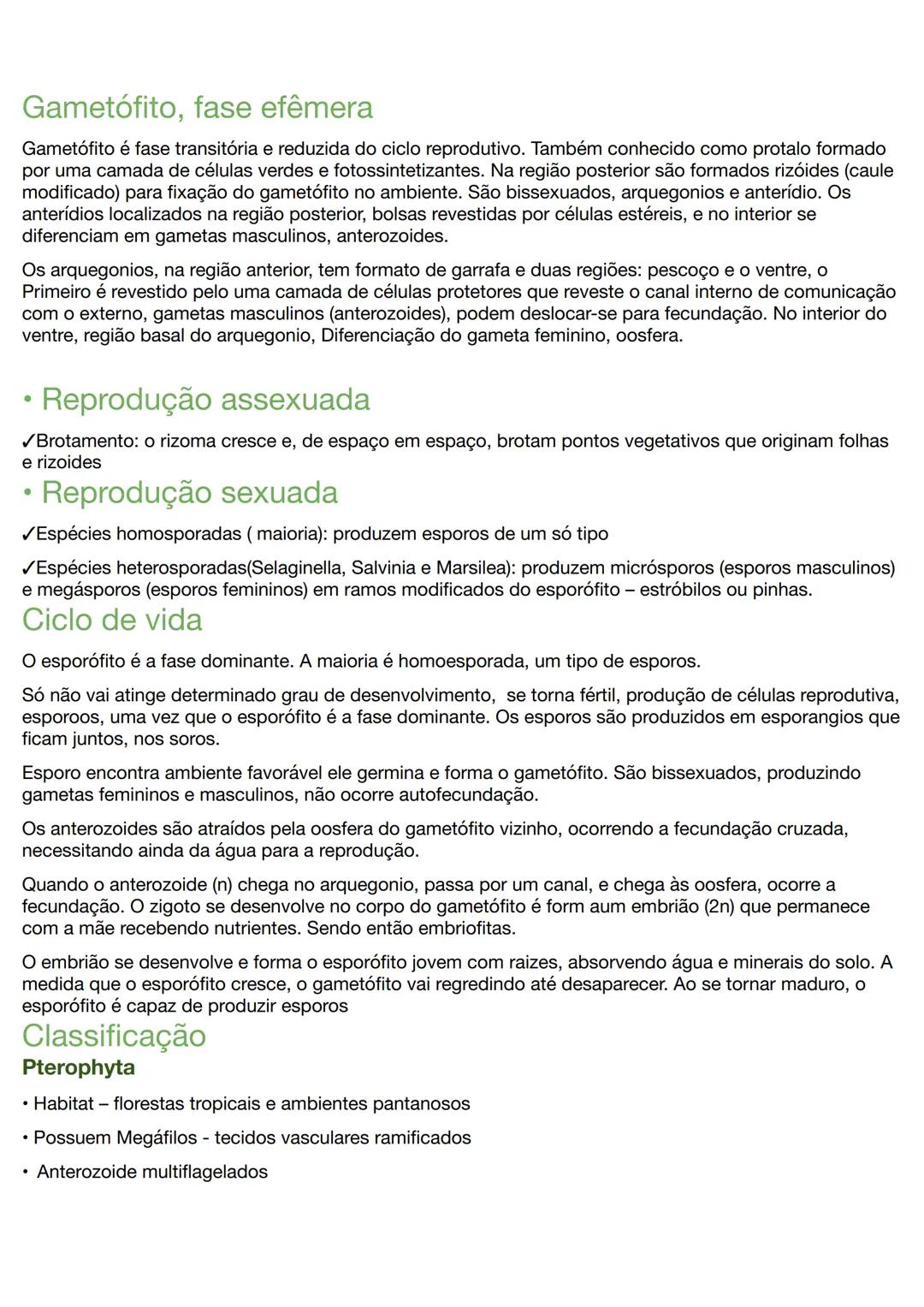 # Características gerais
Briófitas
Presença de embriões perto de desnutridos por tecido materno, ainda depende da água para o
encontro dos g