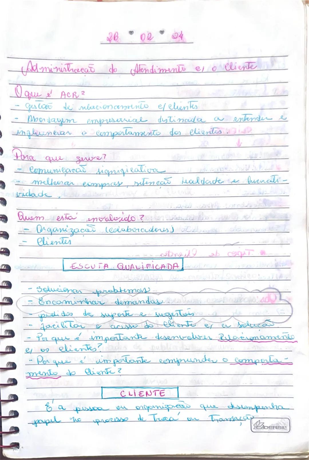 26
♡
02 04
Administraçao do Atendimento e o cliente
O que ACR
- gescote de ubacionamento el clientes.
Abortagem empresarial distinada a ente