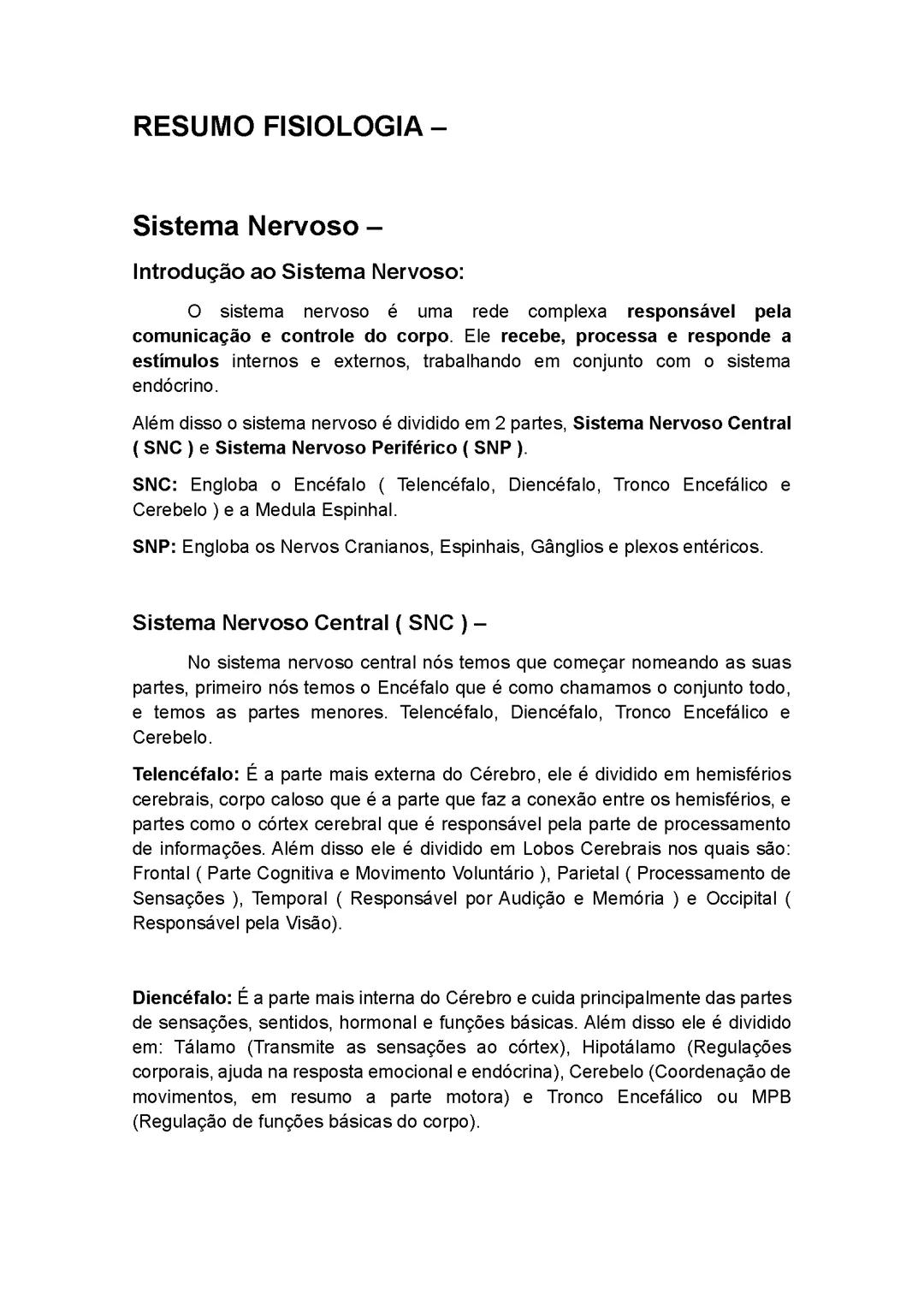 Resumo Fisiologia