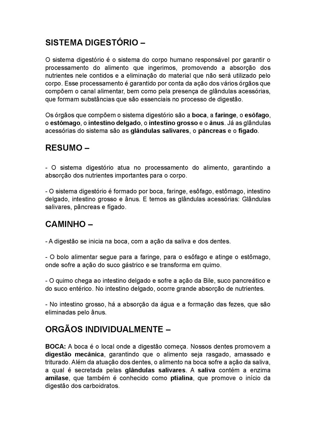 Resumo sobre sistema digestório