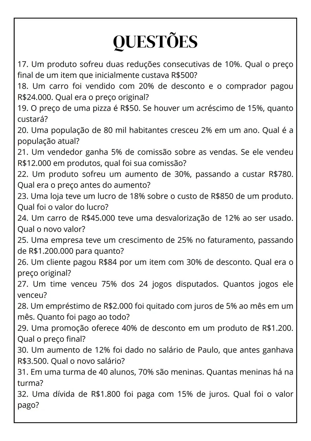 ```
4
50
QUESTÕES DE
PORCENTAGEM
gy
1= sin(x+u
a²+b²cosxcos
``` # QUESTÕES
1. Um produto custa R$500 e está com 20% de desconto. Qual o val