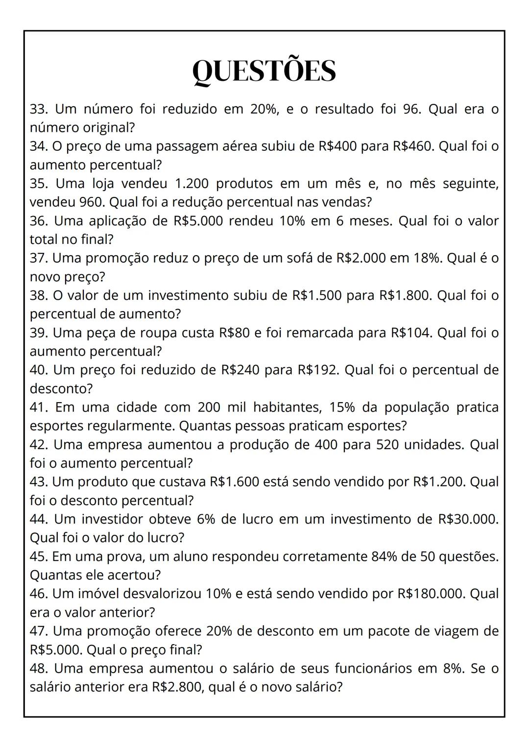 ```
4
50
QUESTÕES DE
PORCENTAGEM
gy
1= sin(x+u
a²+b²cosxcos
``` # QUESTÕES
1. Um produto custa R$500 e está com 20% de desconto. Qual o val